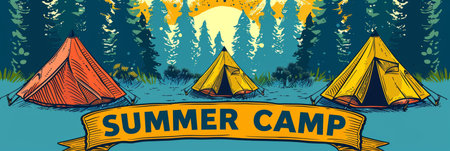 Colorful summer camp banner promoting exciting vacation activities for an unforgettable experienceの素材