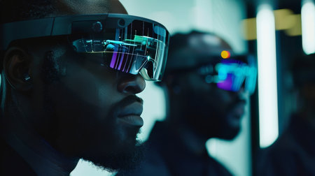 Engineering team utilizing augmented reality glasses for collaborative design projectの素材