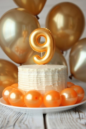 Number 9 candle on celebratory cake with balloons and decorations for special occasionsの素材