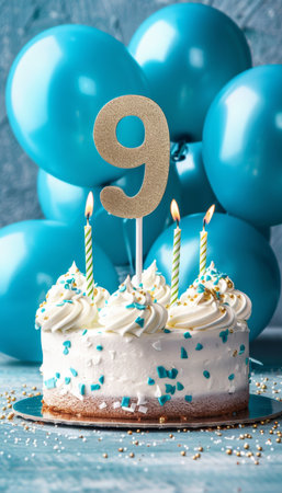 Number 9 candle on celebration cake with balloons and decorations on blurred backgroundの素材