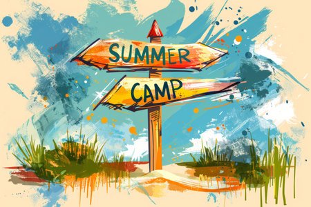Vibrant  summer camp  sign with colorful brush strokes for a lively summer experienceの素材