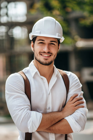 Diverse latinx engineering team of young professionals in hard hats working togetherの素材