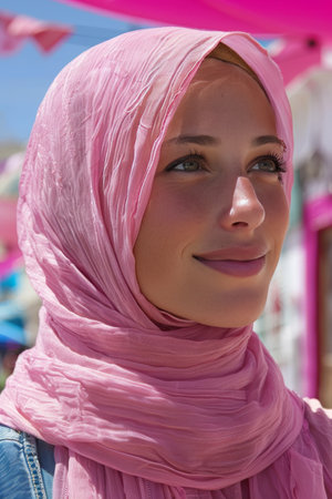 Colorful muslim hijab fashion shoot for trendy arab women, wide banner, vibrant and modern styleの素材