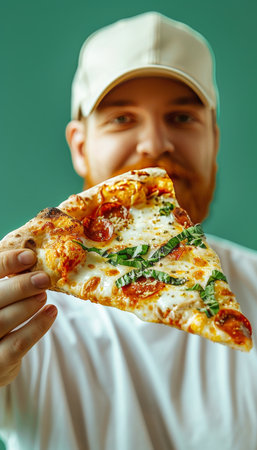 Casual man enjoying pizza  vibrant portrait on pastel background with space for textの素材