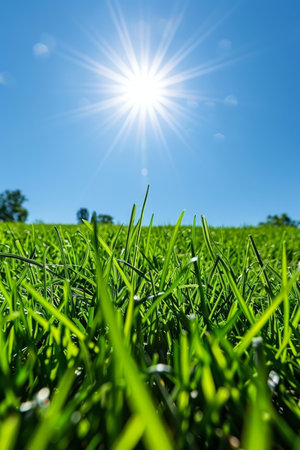 Blurred spring meadow with gradient sky to grass background and bokeh for serene atmosphereの素材