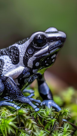 Detailed close up of azureus dart frog dendrobates tinctorius resting on vibrant green mossの素材