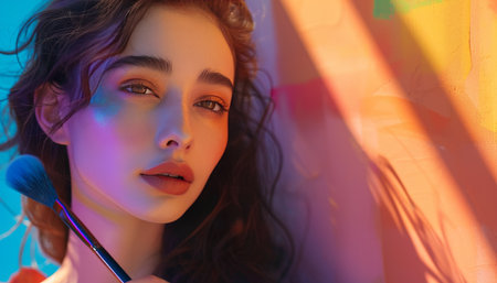 Elegant woman with brown curly hair and makeup brush on pastel background, space for textの素材