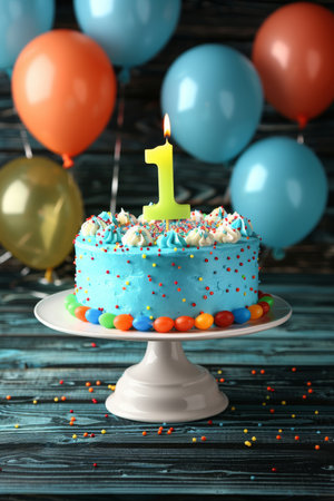 Celebratory cake with number   1   candle and balloons on blurred background for special occasionsの素材