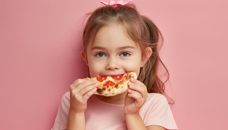 Charming girl savoring pizza on gentle colored backdrop with ample space for text insertionの素材