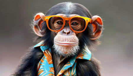 Fashion forward chimpanzee donning vibrant hawaiian shirt and trendy orange sunglassesの素材