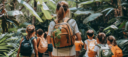 Teacher and students exploring rich forest environment on educational school excursionの素材