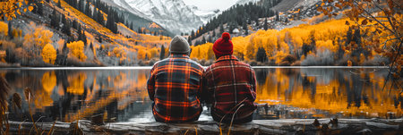 Friends admiring stunning alpine lake and majestic mountains from serene lakeside settingの素材