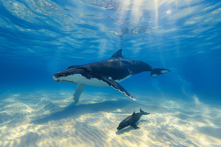 Majestic whale and its calf gracefully swimming in the vast and serene depths of the oceanの素材