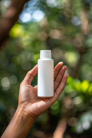 Woman holding sunblock cream bottle for uv protection on blurred background with copy spaceの素材