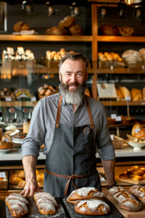 Smiling baker in apron proudly presenting freshly baked artisan bread with joyful expressionの素材