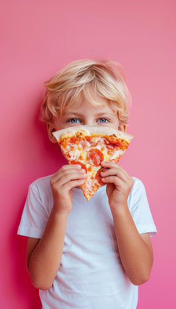 Cheerful boy savoring pizza on gentle background with ample space for personalized text placementの素材