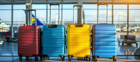Travel concept  suitcases at airport with airplane against beautiful blue sky backgroundの素材
