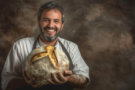 Cheerful baker in apron presenting freshly baked artisan bread with a warm and inviting smileの素材