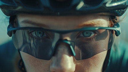 Intense focus  cyclist s eyes peering through sunglasses, capturing concentration at summer olympicsの素材
