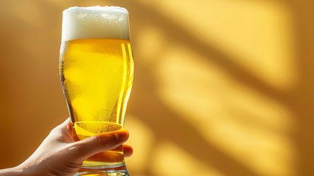 Hand holding beer glass on pastel background with text space, ideal for custom messagesの素材