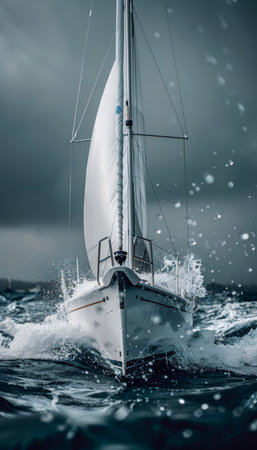 Boat hull closeup slicing through waves, capturing dynamic motion in summer olympics sports conceptの素材