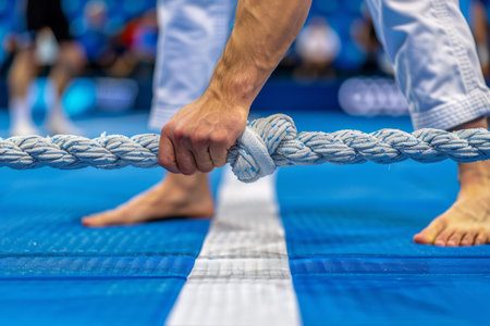 Symbol of respect and discipline  tying judo belt before match at summer olympicsの素材