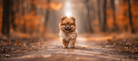 Adorable pomeranian puppy posing for the camera in a fluffy and irresistibly cute displayの素材