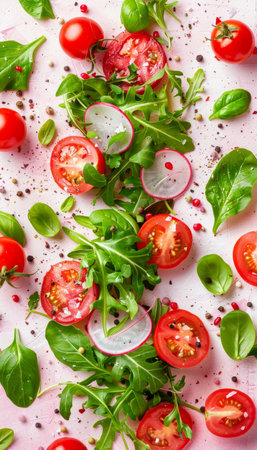 Fresh salad ingredients on pink background, arugula, lettuce, radish, tomato, healthy veggiesの素材