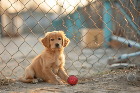 Lonely stray dog in shelter cage  abandoned hungry puppy yearning for owner s returnの素材