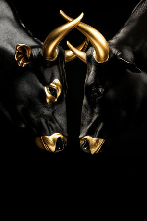 Gold and black financial infographic chart award with bull and bear symbols in stock market designの素材