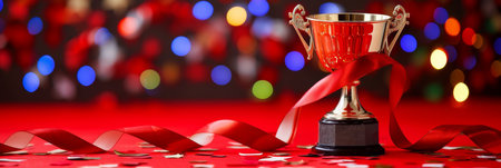 Golden trophy with magical defocused background and celebration confetti ribbon decorationの素材