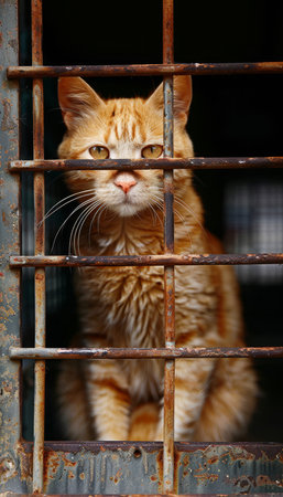 Lonely stray cat in shelter cage  abandoned feline behind rusty bars, seeking care and foodの素材