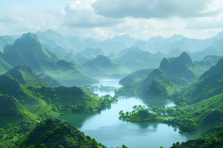 Aerial view of lush farmland by river, vibrant digital agricultural illustrationの素材