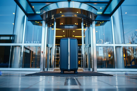 Travel suitcase at hotel entrance, a welcoming sight for visitors and guests checking inの素材