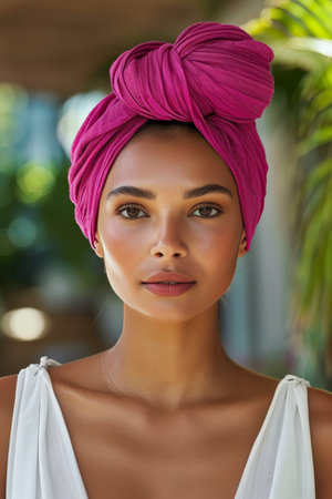 Stylish woman in turban promotes diversity and middle eastern wellness in urban settingの素材