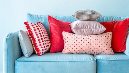 Vintage vsmodern decor styles for bedding and sofa cushions on pastel backgroundの素材