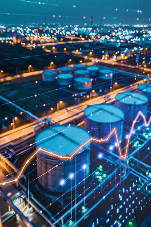 Oil and gas refinery with storage tanks and petrochemical facility beside oil demand price chartの素材