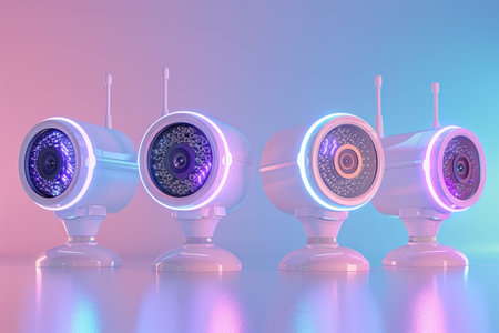 Modern white security cameras with holographic accents on pastel background for textの素材