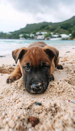 Pedigree puppy relaxing on sandy beach, enjoying a summer vacation by the ocean shoreの素材