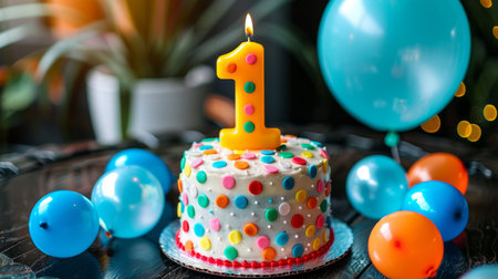 Celebration cake with number one candle, balloons, and party decor on blurred background for textの素材