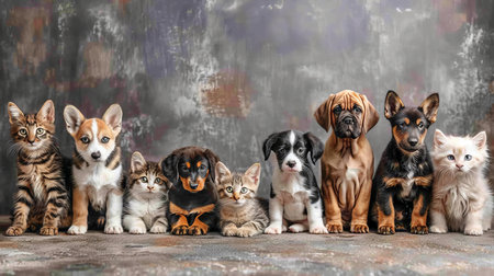 Assorted cats and dogs in studio with white background and copy space for versatile design purposesの素材