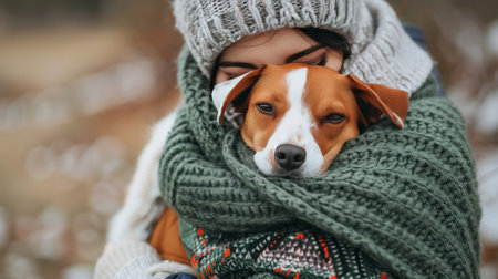 Woman and adorable dog enjoying the peaceful and serene natural beauty of the forestの素材