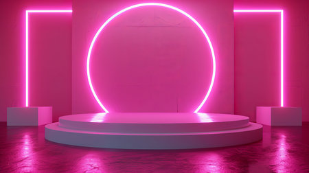 Pink stage podium with spotlight for product display in empty light studio backgroundの素材