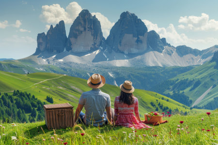 Romantic dolomites picnic  couple dining outdoors on green grass under blue sky and white cloudsの素材