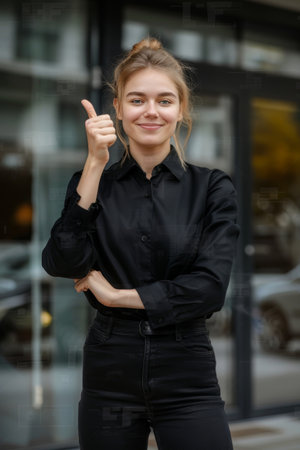 Confident professional woman giving thumbs up in city setting with space for text placementの素材