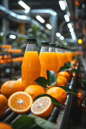 Highly efficient bottled juice manufacturing line in a typical factory environmentの素材