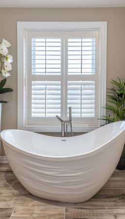 Luxurious white freestanding bathtub in an elegant bathroom with serene and refined decorの素材