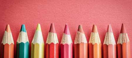 Array of colorful pencils aligned on bold red surface for artistic endeavors and creative projectsの素材