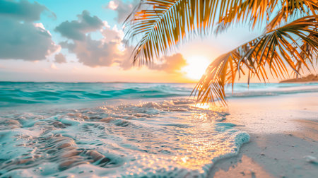 Tranquil tropical beach sunset with golden sand, calm seascape, and relaxing summer ambianceの素材