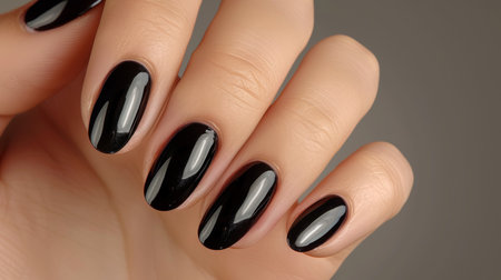Close up of elegant woman s hand with chic black nail polish, showcasing glamorous fingernailsの素材